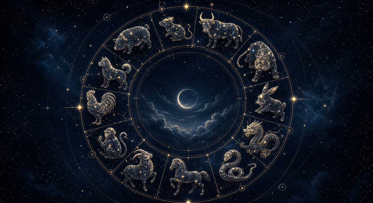 Celestial wheel showing all 12 Chinese zodiac animals